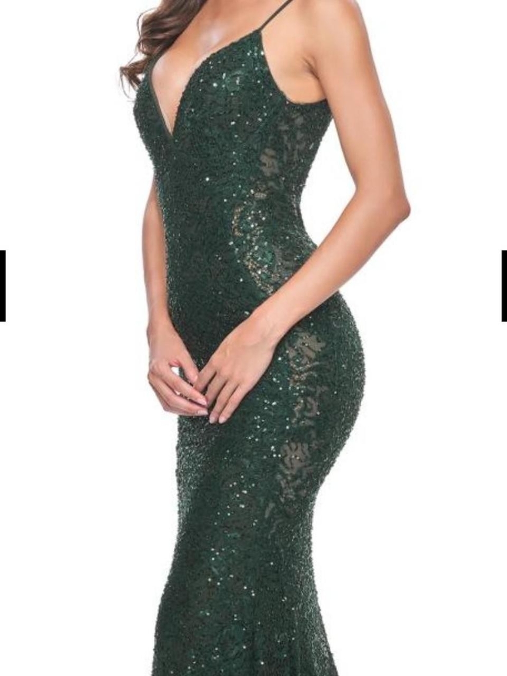 La Femme Elegant Deep Green Sequin Lace Evening Dress with Spaghetti Straps